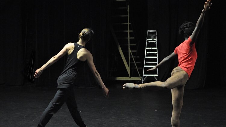 Two people face away from the camera, creating angular shapes with their limbs in front of two ladders.